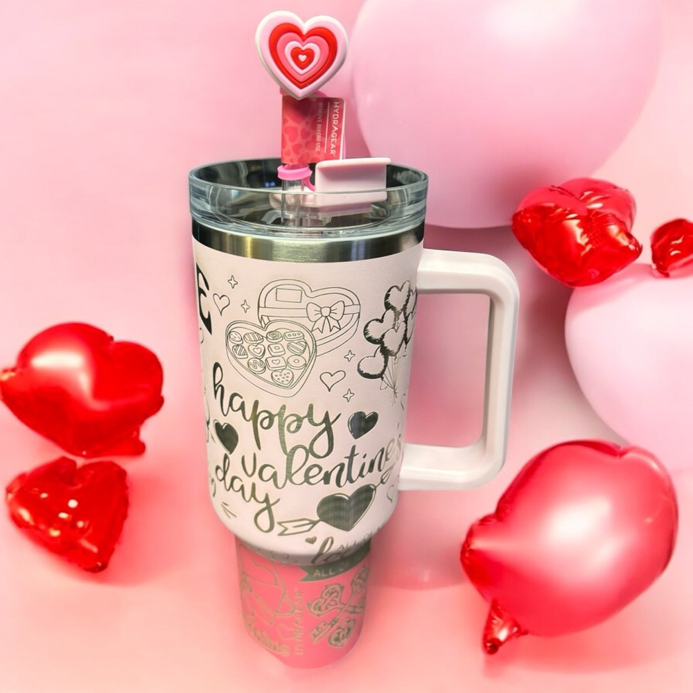 Laser Engraved Valentines Themed 40oz Tumbler with Handle, Straw & Straw Topper